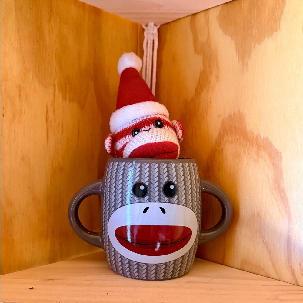 Sock Monkey Mug with Plush Toy - Red and Gray